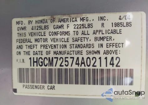 2004 Honda Accord 2.4 Ex из США, поврежденный, VIN 1HGCM72574A021142